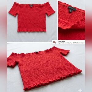 Bright Red Smocked Off-Shoulder Crop Top